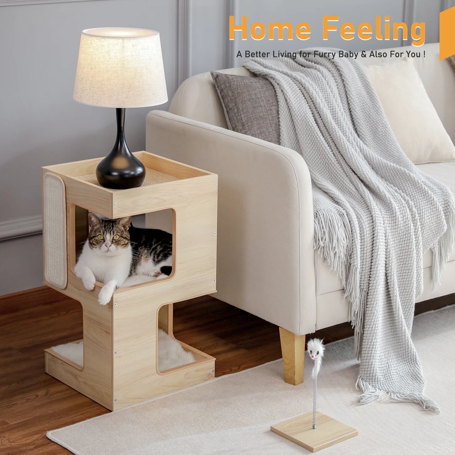 Wood Cat Condo House Bed with Removable Soft Mats Modern Cat Tree Tower with Scratching Pad Cat Scratcher Furniture Kitten Toys