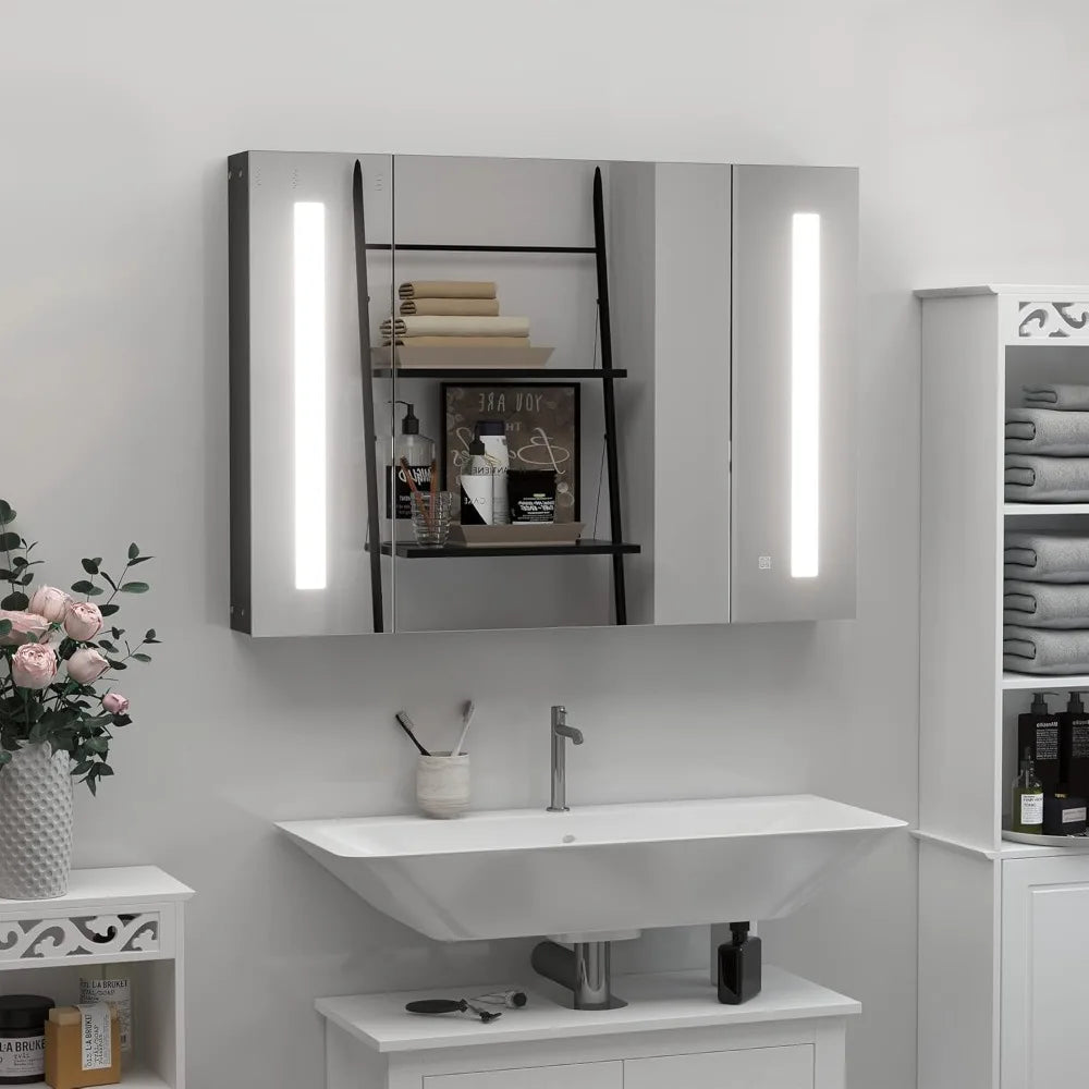 Wall Mounted Mirror Cabinet, LED Lighted Medicine Cabinet with 3 Doors, Adjustable Shelves, Memory Function