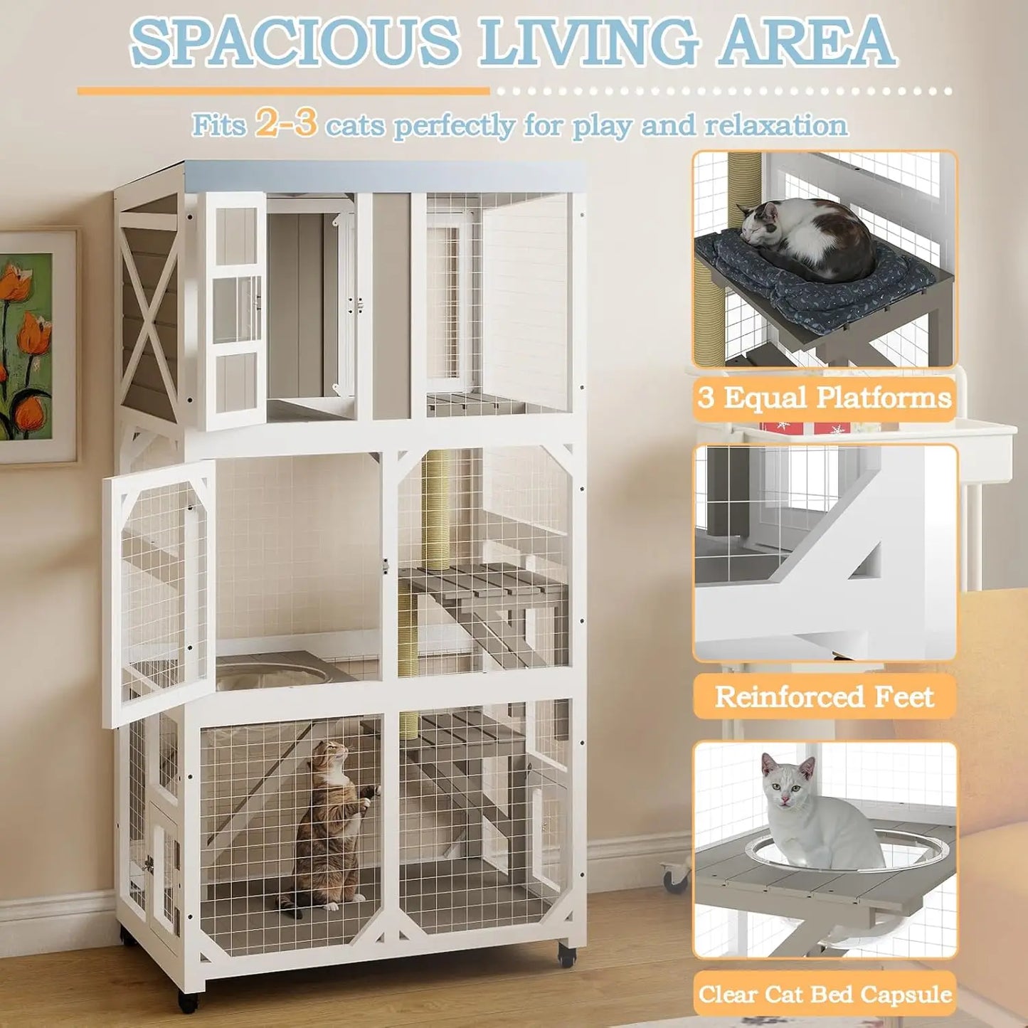 64" Large Wooden Catio Outdoor Cat Enclosure, Window Cat House with Wheels & 3 Platforms, Kitty Cage with, Customized