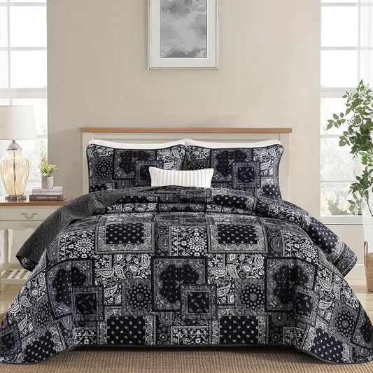 King Size Patchwork Quilt Set, Black Grey Bedspread with Paisley Floral Design, Soft Microfiber 110"x90"