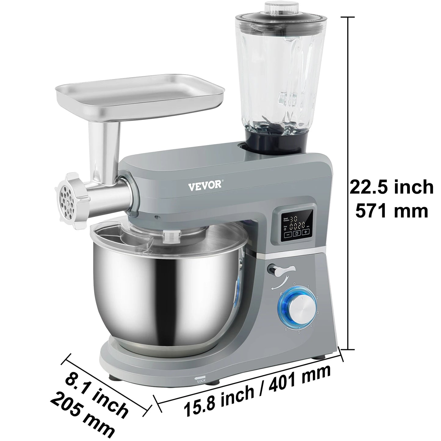SucceBuy 5 IN 1 Stand Mixer Multifunctional Electric Mixer with 6 Speeds LCD Screen Timing 7.4 Qt Stainless Bowl Dough Hook