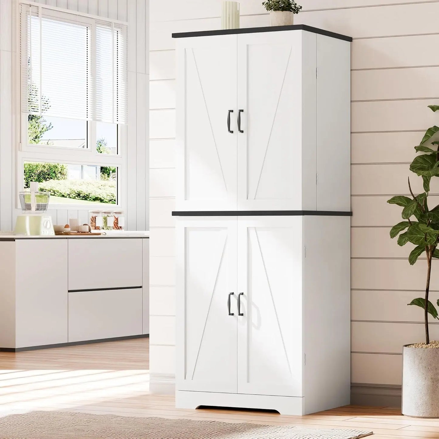 Rustic Wood Kitchen Pantry Storage Cabinet with Barn Doors 6-Tier Tall Drawer And Adjustable Shelves Customizable Cupboard