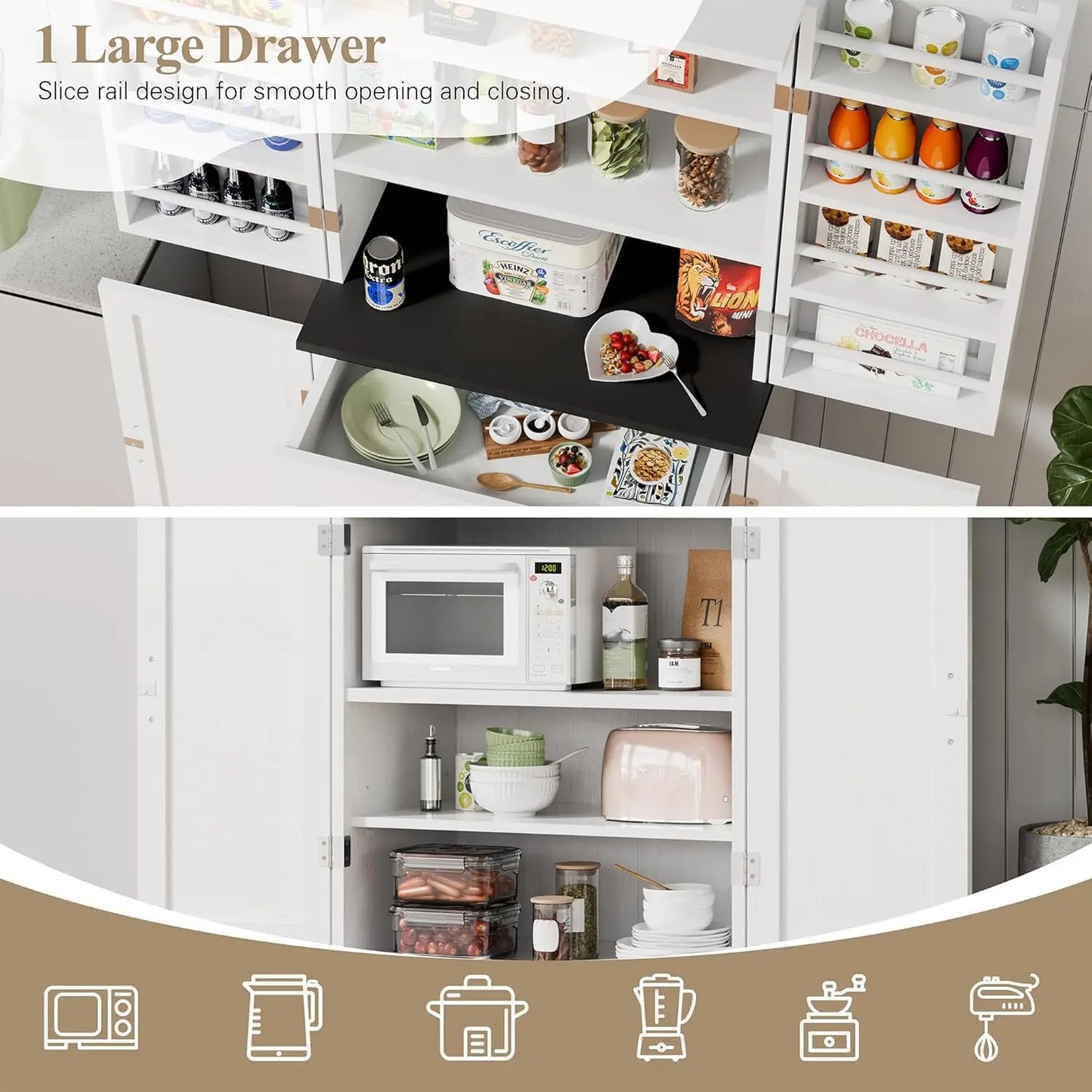 Rustic Wood Kitchen Pantry Storage Cabinet with Barn Doors 6-Tier Tall Drawer And Adjustable Shelves Customizable Cupboard