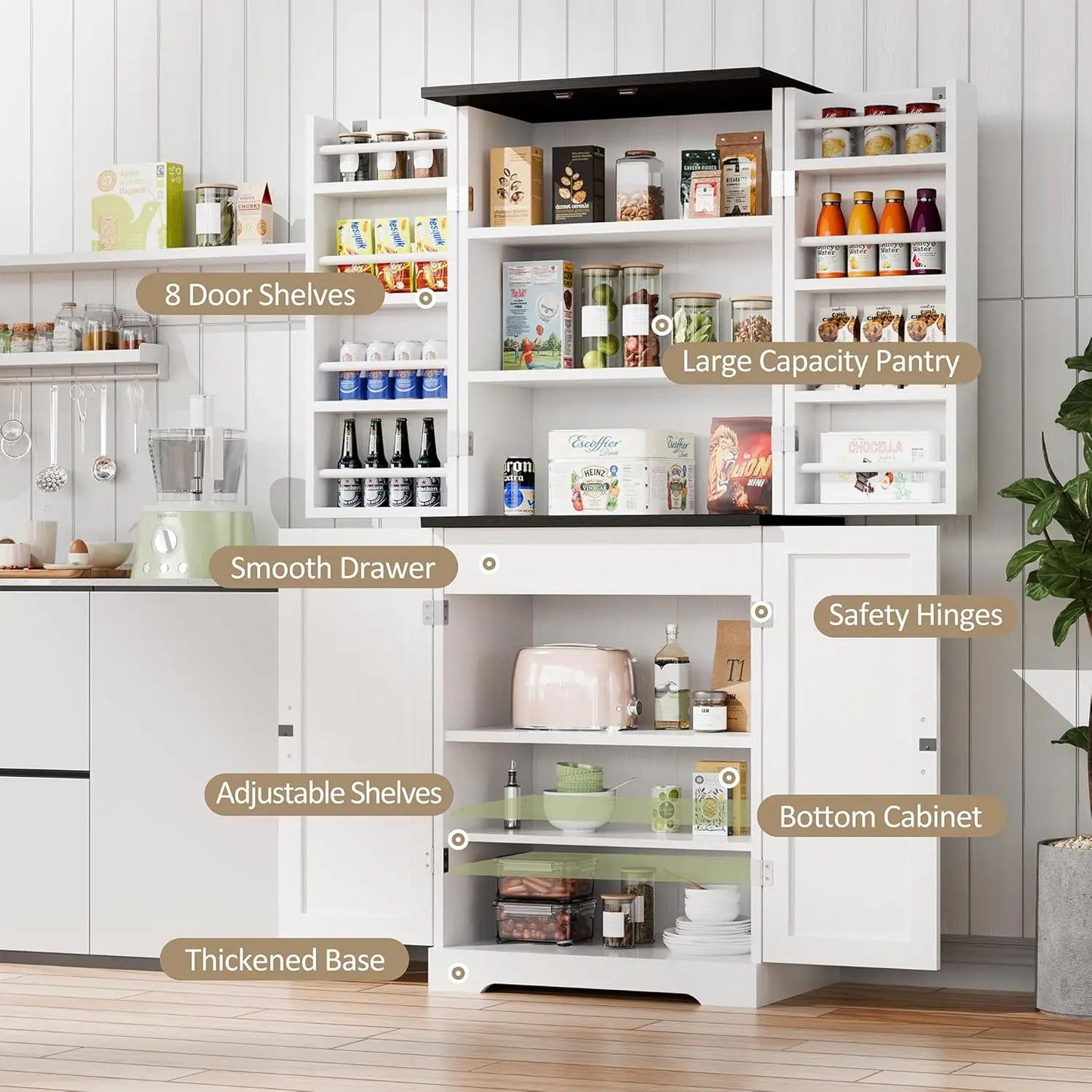 Rustic Wood Kitchen Pantry Storage Cabinet with Barn Doors 6-Tier Tall Drawer And Adjustable Shelves Customizable Cupboard