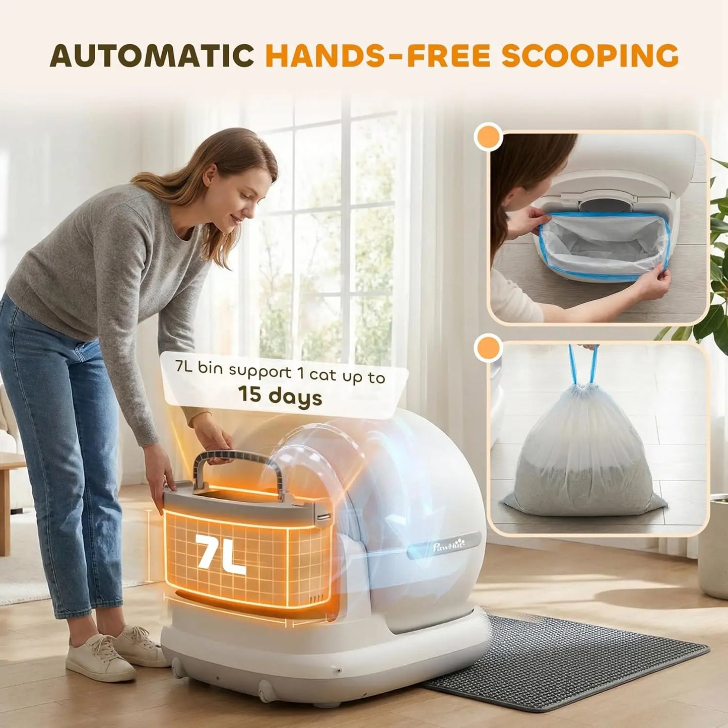 Extra Large 72L Self Cleaning Litter Box, App & 2.4G WiFi, Odor & Noise Control, Safety Sensors, Deodorant Gel, Mat & Bag,Custom
