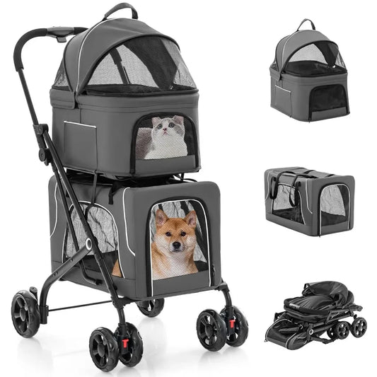Double Dog Stroller, Removable Carrycot, Safety Belt, 4 Lockable Wheels, Pet Travel Carrycot Stroller, Foldable Cat Stroller