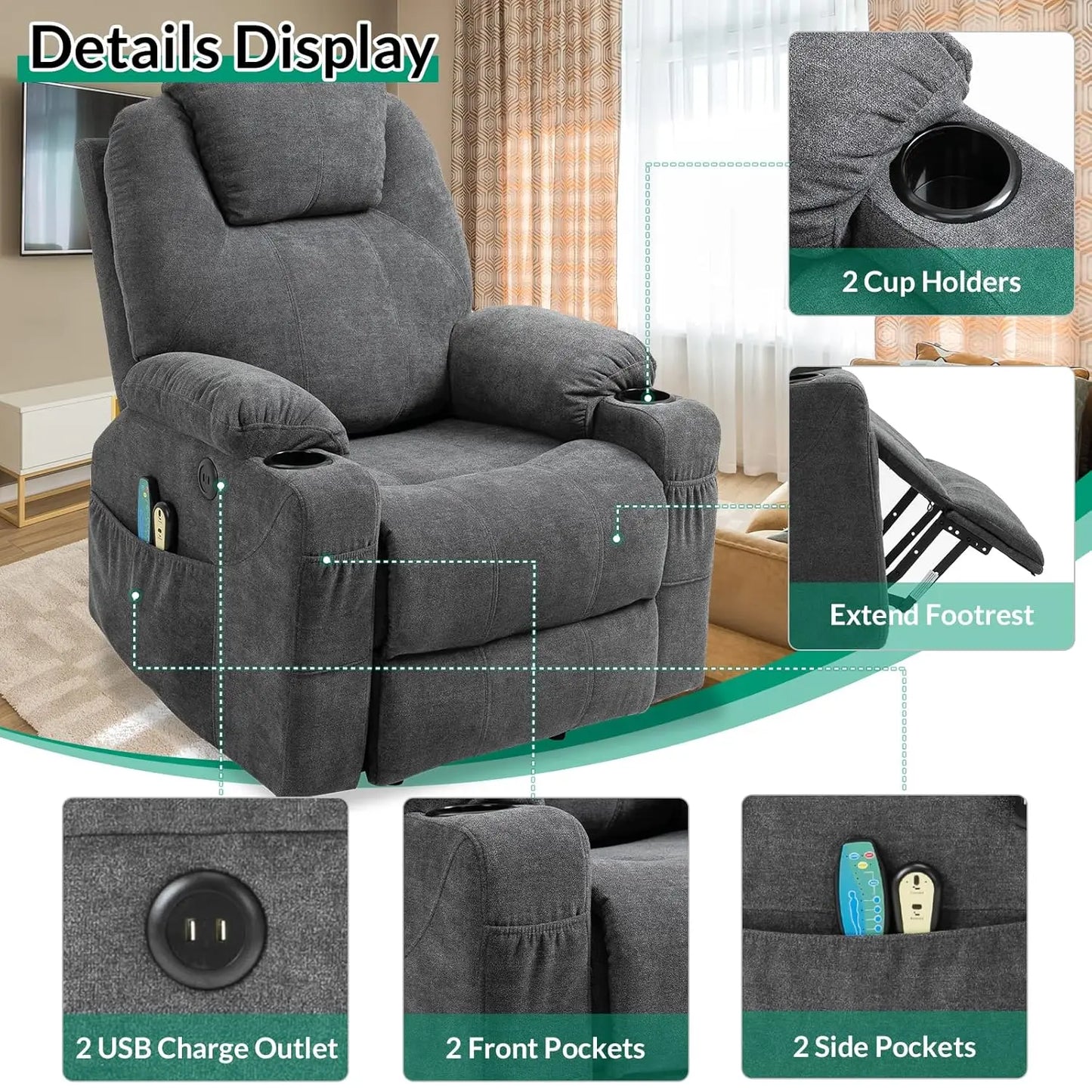 Power Lift Chair Electric Recliner for Elderly Heated Vibration Massage Fabric Recliner Chair with 2 Remote, Customized
