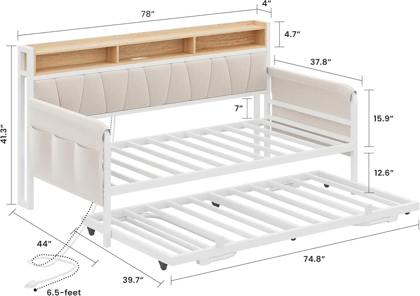 LIKIMIO Daybed with Trundle Bed, Twin Bed Frame with Upholstered Storage Headboard&Charging Station,Sofa Day Bed for Bedroom