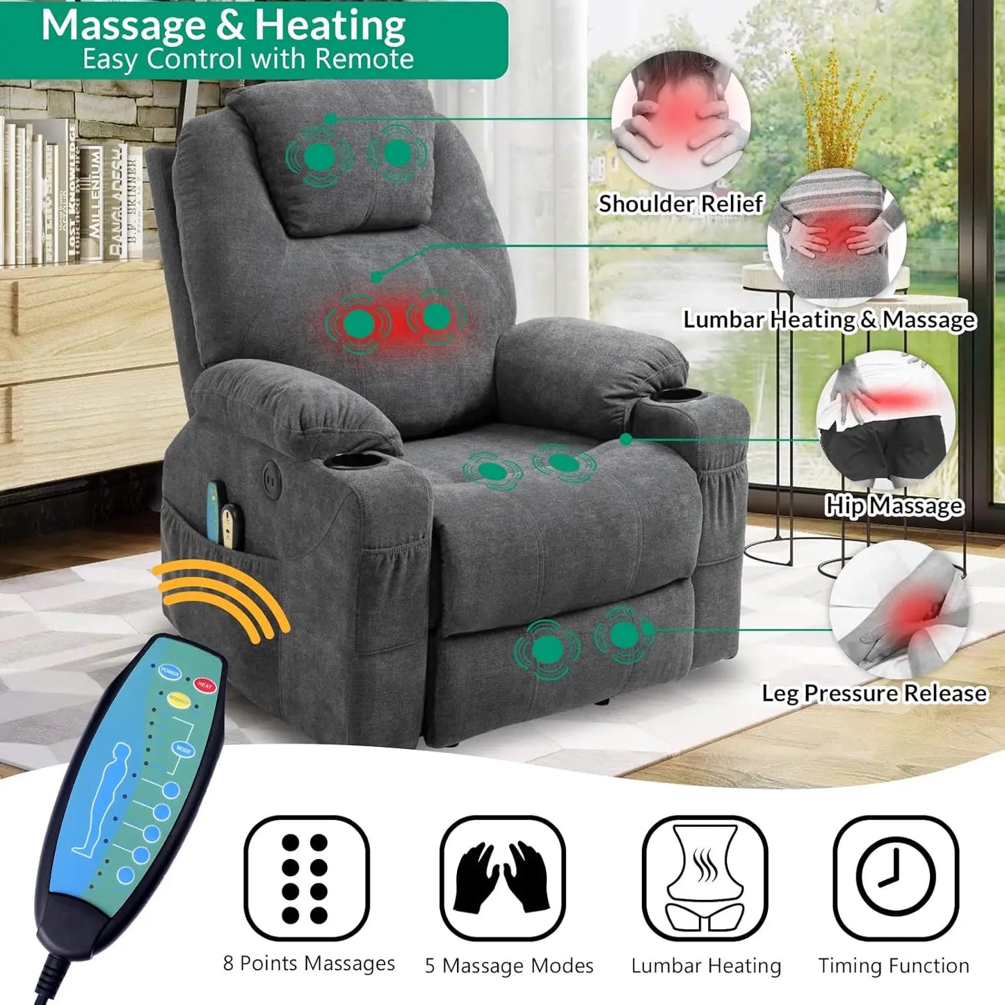 Power Lift Chair Electric Recliner for Elderly Heated Vibration Massage Fabric Recliner Chair with 2 Remote, Customized