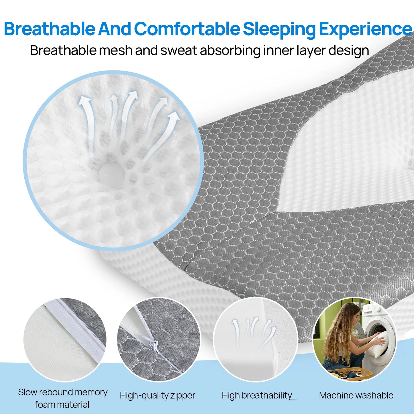 JHK Cervical Neck Double Sided Pillow Memory Foam Ventilated Cooling Ergonomic Bed Pillow Support Contour for Stomach Sleepers