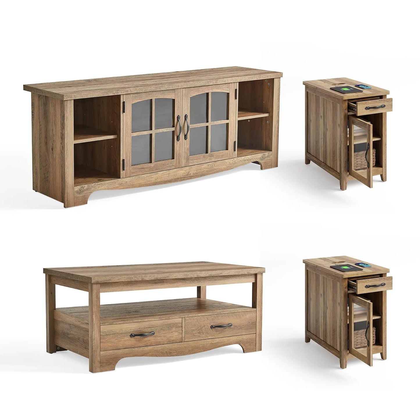 Living Room Table Sets 4 Piece with TV Stand, Farmhouse TV Stand for 65 Inch TV,  Two End Table with Charging Station, Brown