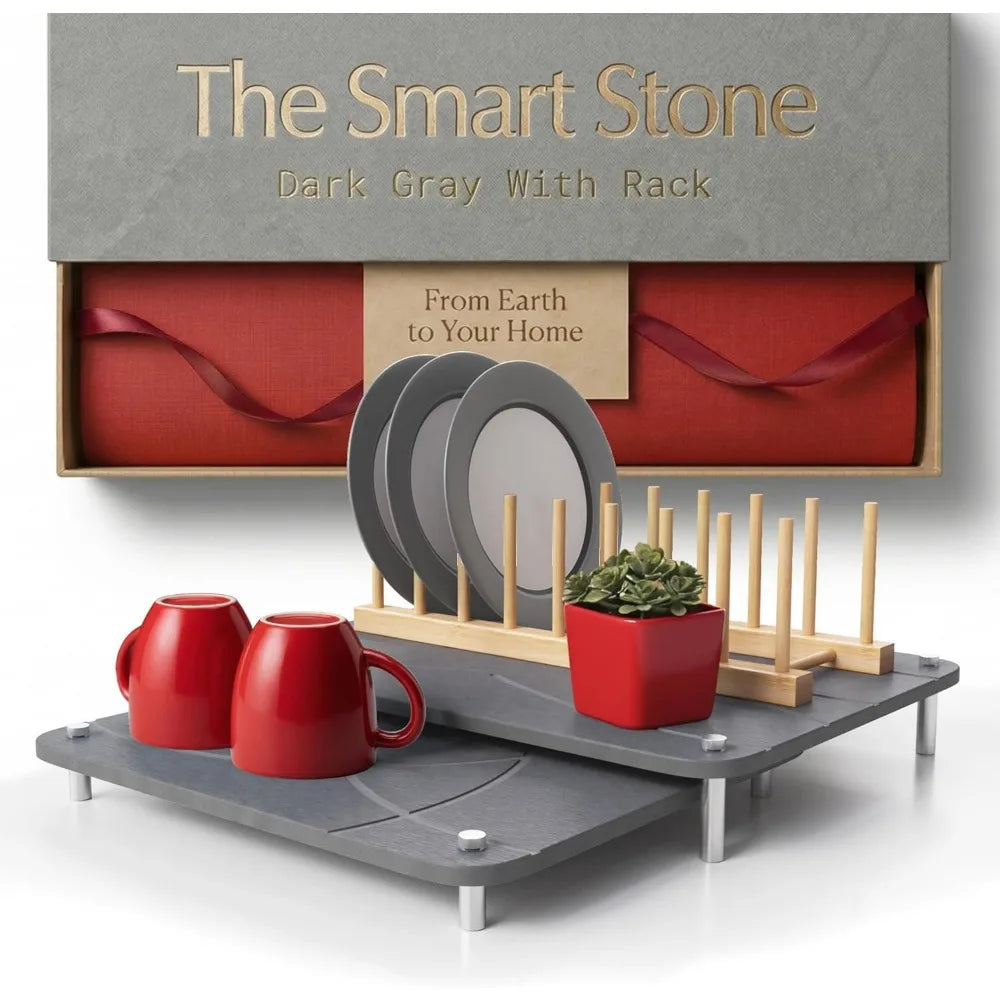 Collapsible Diatomaceous Earth Drying Mat and Bamboo Rack Set Non Slip Feet Large Kitchen Counter Dish Drainer Dark Gray