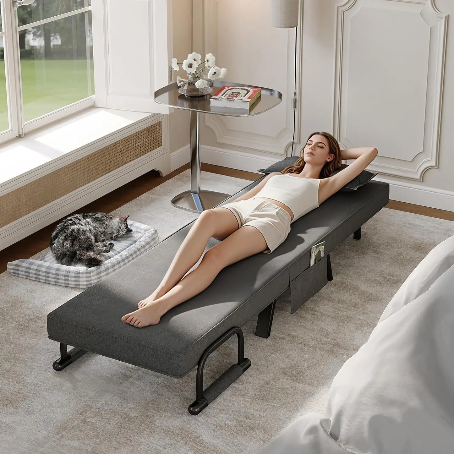 Convertible Sleeper Chair Bed 5-in-1 Adjustable Backrest Side Pockets Pillow Small Space Office Dark Grey Customized
