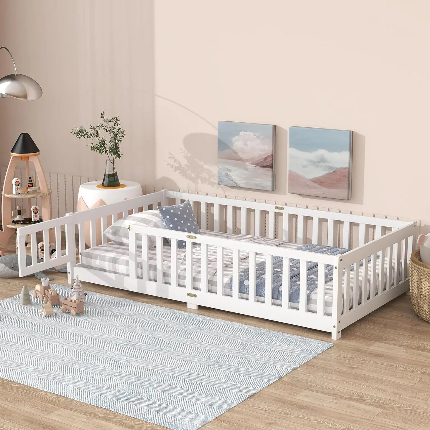 Twin Size Floor Bed with Slats and Door,Montessori Floor Bed Frame with High Rails,Twin Wood Kids Beds with Fence,No Box Spring