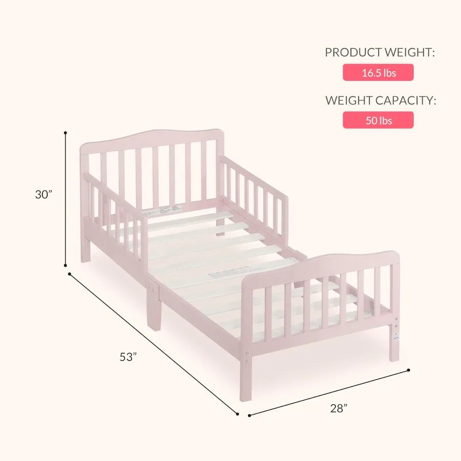 Dream On Me Classic Design Toddler Bed In Pink, Low-to-Floor Wooden Bed With Safety Rails, GREENGUARD Gold & BSA Certified, Non-