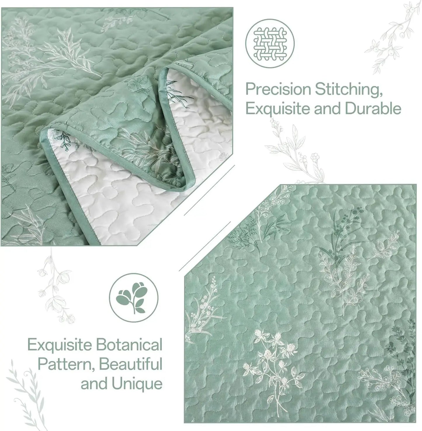 Reversible Sage Green Floral Quilt Queen Size Set with Pillow Cases, Lightweight Microfiber Bedding