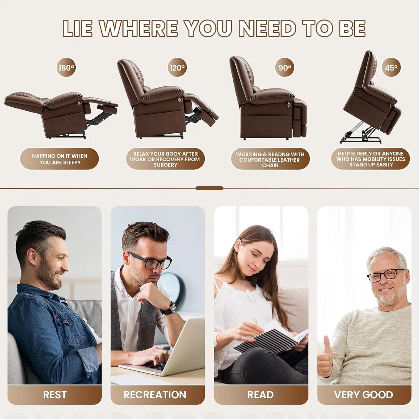 Large Dual Motor Power Lift Recliner Chair with Massage and Heat for Elderly People, Infinite Position,USB Ports, Customized