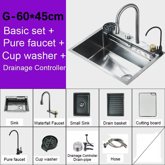 Multifunction 304 Stainless Steel Gray/Brushed Nickel Kitchen Sink Waterfall Faucet Large Single Bowl Cup Washer Pure Tap