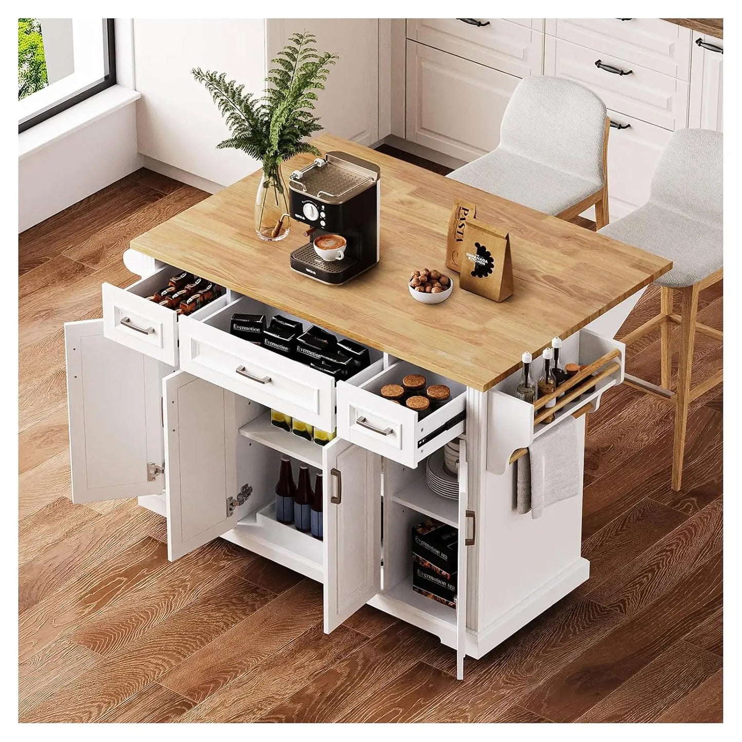 53" Rolling Kitchen Island, Drop Leaf & Power Outlet, 3 Drawers & 2 Cabinets, Mobile Kitchen Cart on 5 Lockable Wheels,, Custom