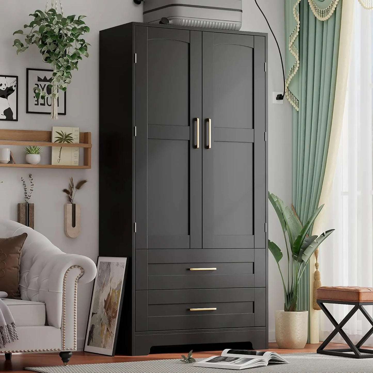 Wooden Armoire Wardrobe Closet with 2 Drawers, Bedroom Armoires with Door and Shelves, Freestanding Wardrobe Clothing，Customized