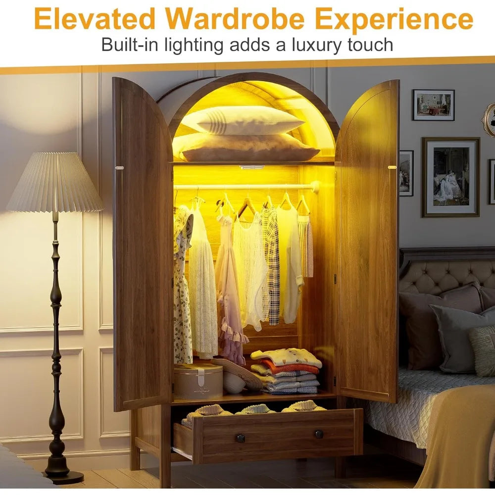 Armoire Wardrobe Closet with Drawers and 2 Arched Fluted Doors, 70.9‘’ Tall Wooden Bedroom Armoires with LED Light，Customized