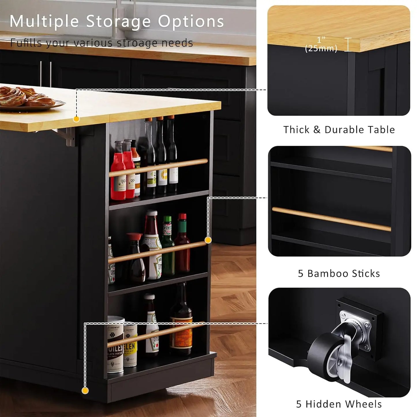 53" Rolling Kitchen Island, Drop Leaf & Power Outlet, 3 Drawers & 2 Cabinets, Mobile Kitchen Cart on 5 Lockable Wheels,, Custom