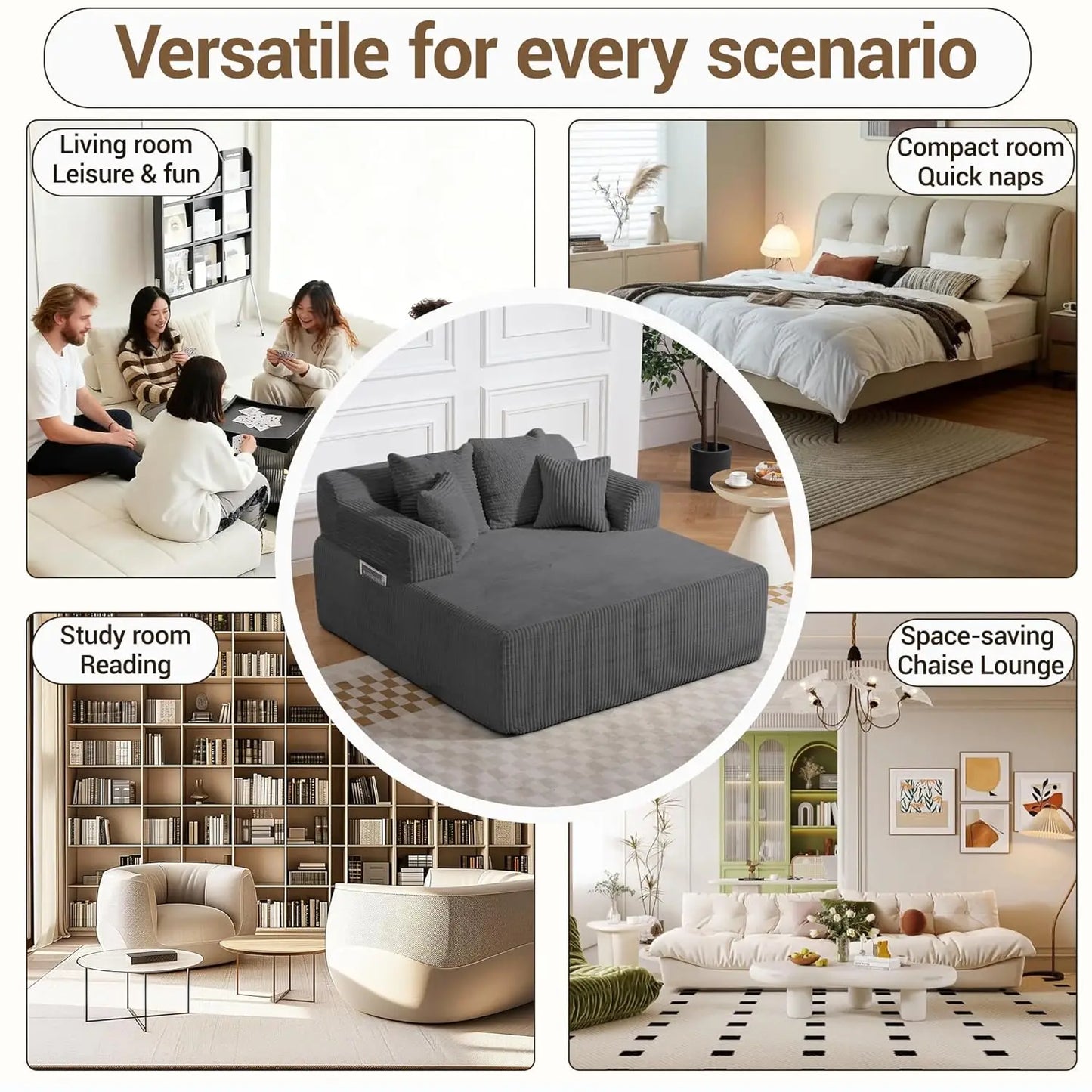 58" Oversized Boneless Chair, Corduroy Lounge Chaise Chair Indoor Sleeper Sofa Bed with Arms and 4 Pillows, No, Customized