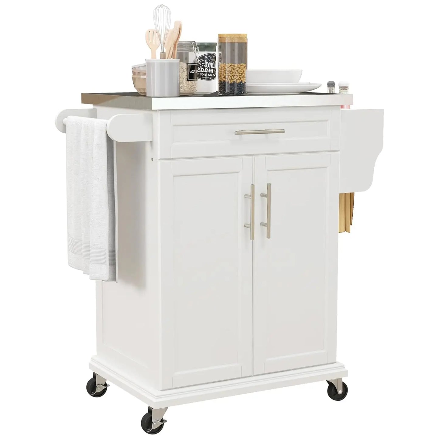 Kitchen Island on Wheels, Rolling Kitchen Cart with Stainless Steel Countertop, Drawer, Towel Rack and Spice Rack,, Customized