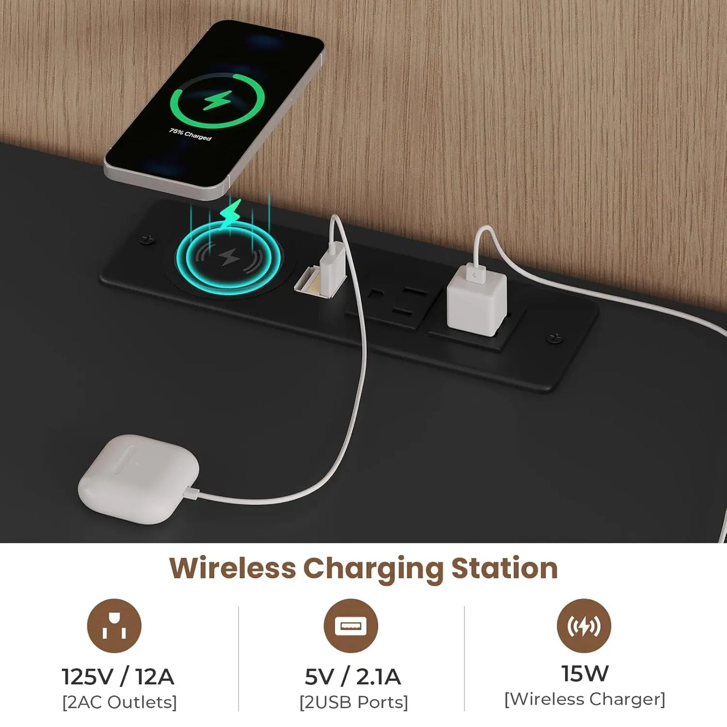 LED Nightstand Black Nightstand with Wireless Charging Station 2 Drawers, Modern Bedroom End Side Table with LED, Customized