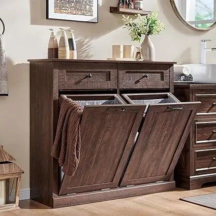 Double Tilt Out Laundry Hamper Cabinet, 20 Gallon Farmhouse Trash Can Cabinet with Drawer, Hidden Wood Garbage Can Bin Cabinet w