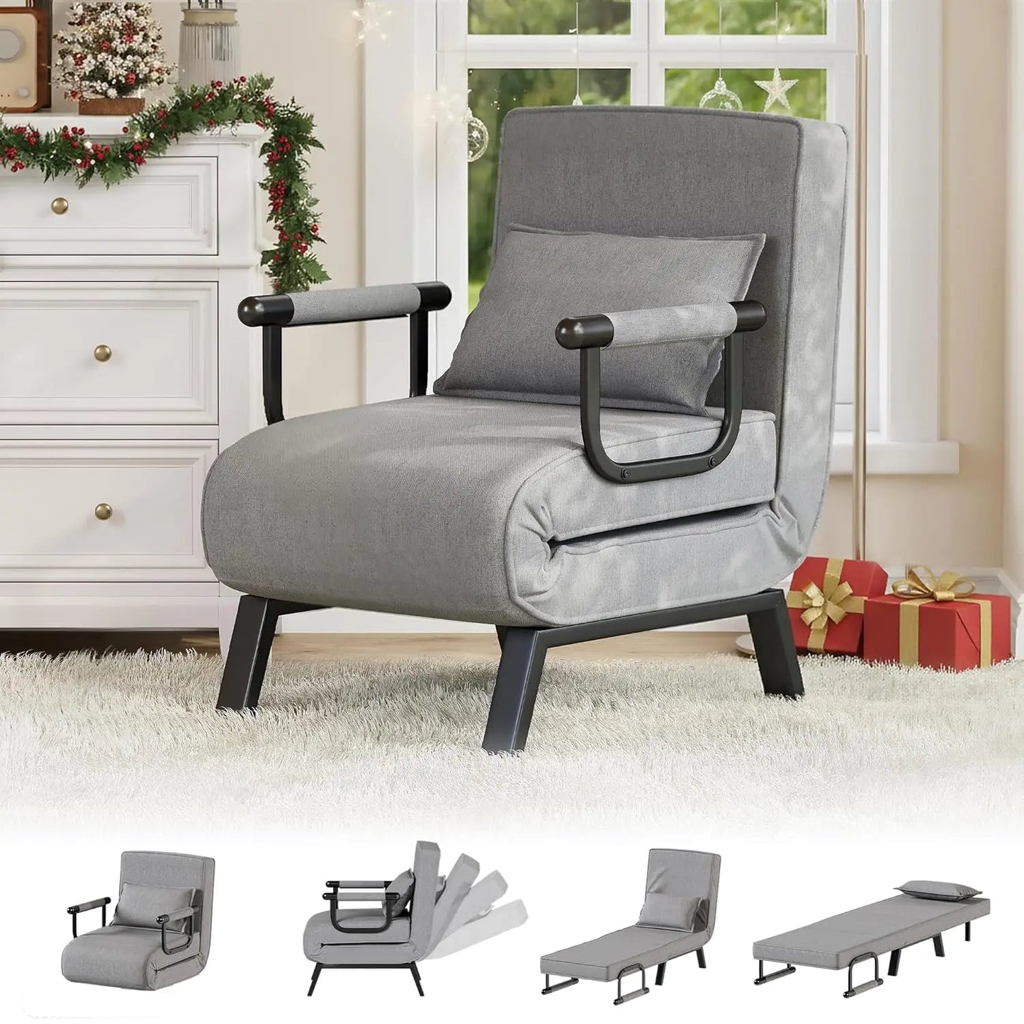 Convertible Sleeper Chair Bed 5-in-1 Adjustable Backrest Side Pockets Pillow Small Space Office Dark Grey Customized