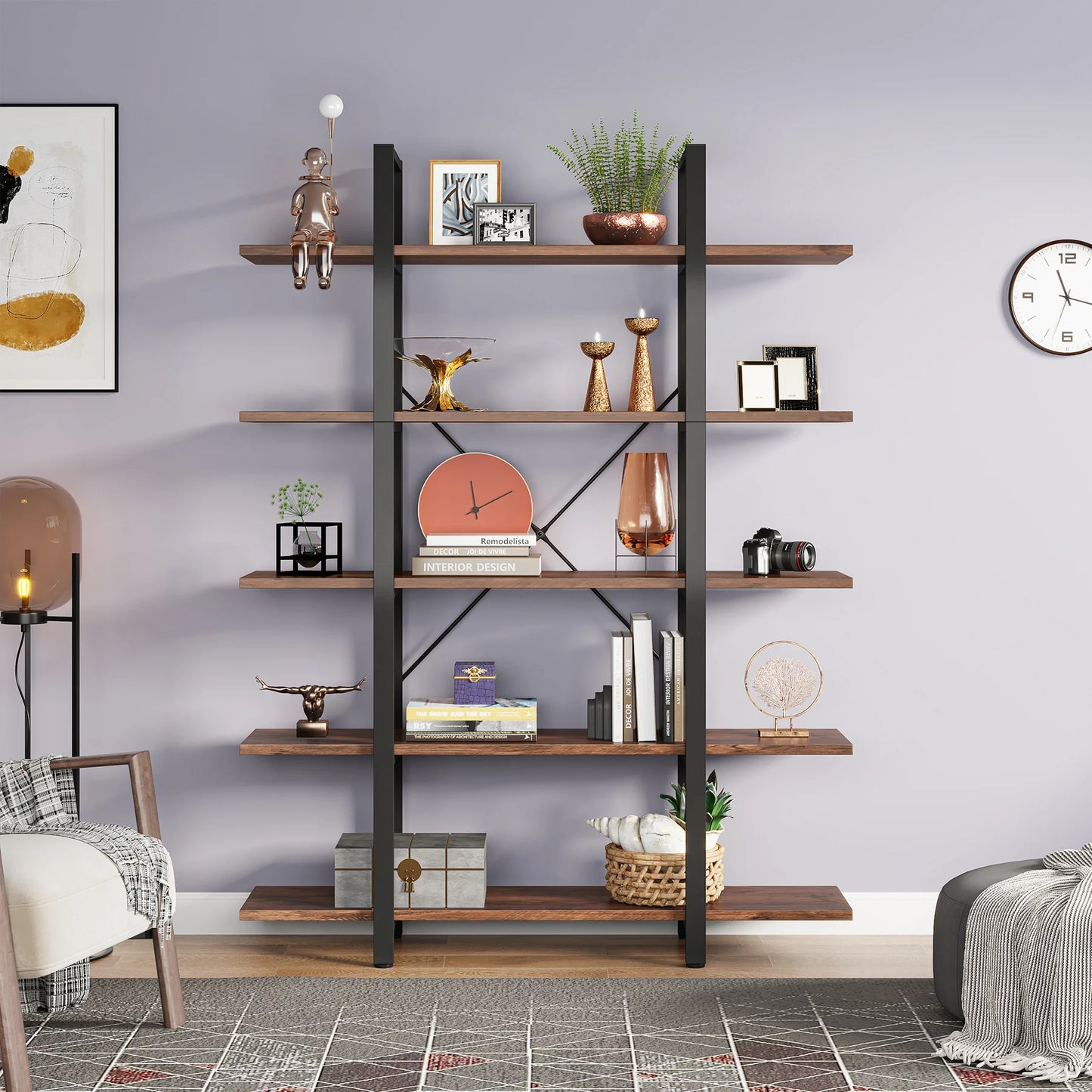 Tribesigns 5-Tier Bookshelf, Vintage Industrial Style Bookcase 72 H x 12 W x 47L Inches