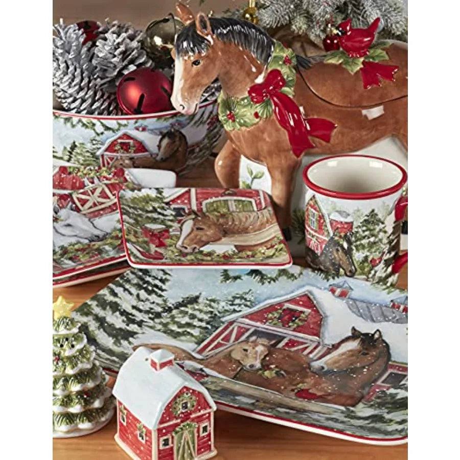 Homestead Christmas 16Piece Dinnerware Set Holiday Tableware for 4 with Festive Horse and Barn Scenes Winter Ceramic Plates Bow