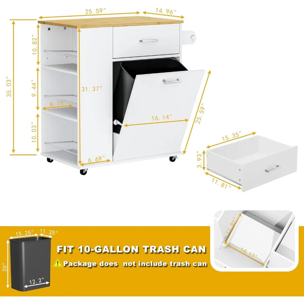 Rolling Kitchen Island with Trash Can Storage, Portable Kitchen Island on Wheels with Towel Rack & Spice Rack, Tilt Out Trash Ca