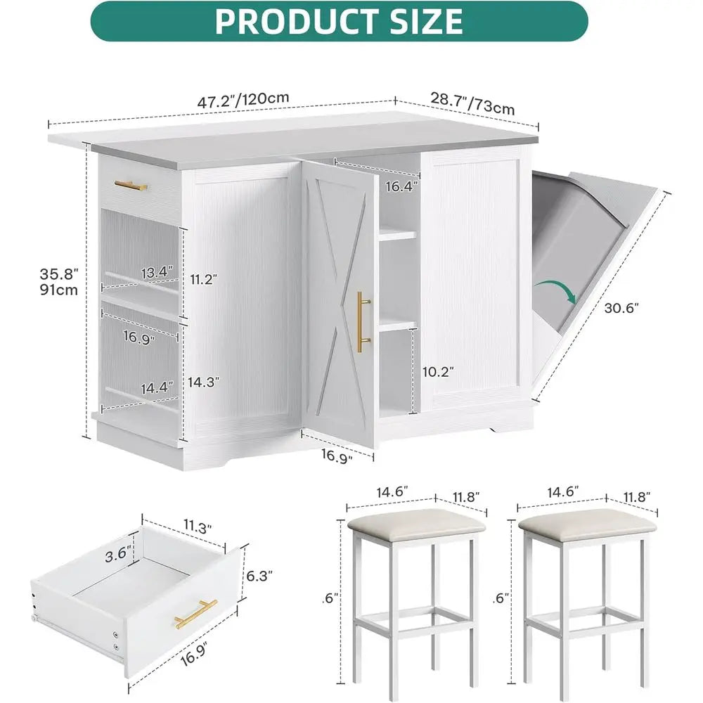 Kitchen Islands with Seating, 47" Mobile Storage Island with Trash Can, Rolling Kitchen Island Cart with Drop Lea & Stainluntert