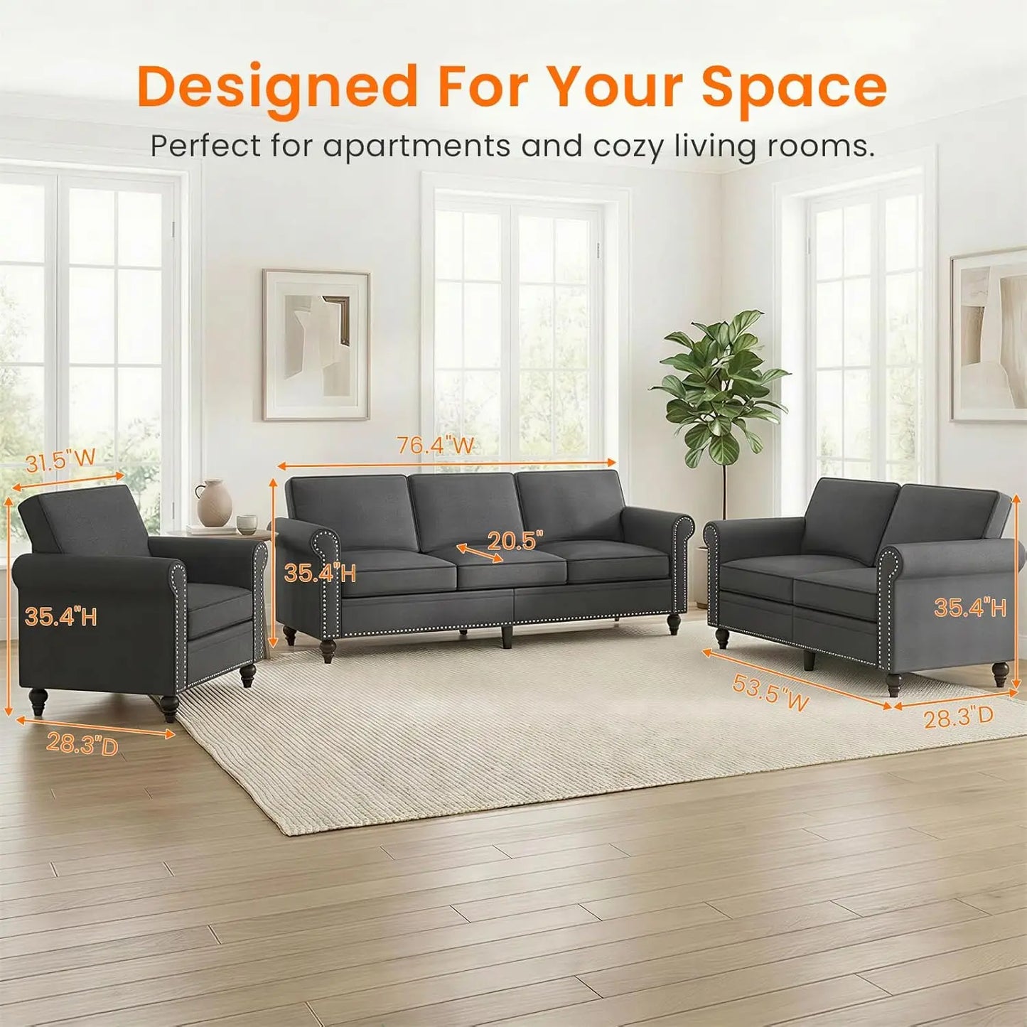 3 Piece Living Room Sofa Set, Linen Fabric Couch Set with Nailhead Trim, Modern Upholstered 6 Seat Sectional Sofa, Customized