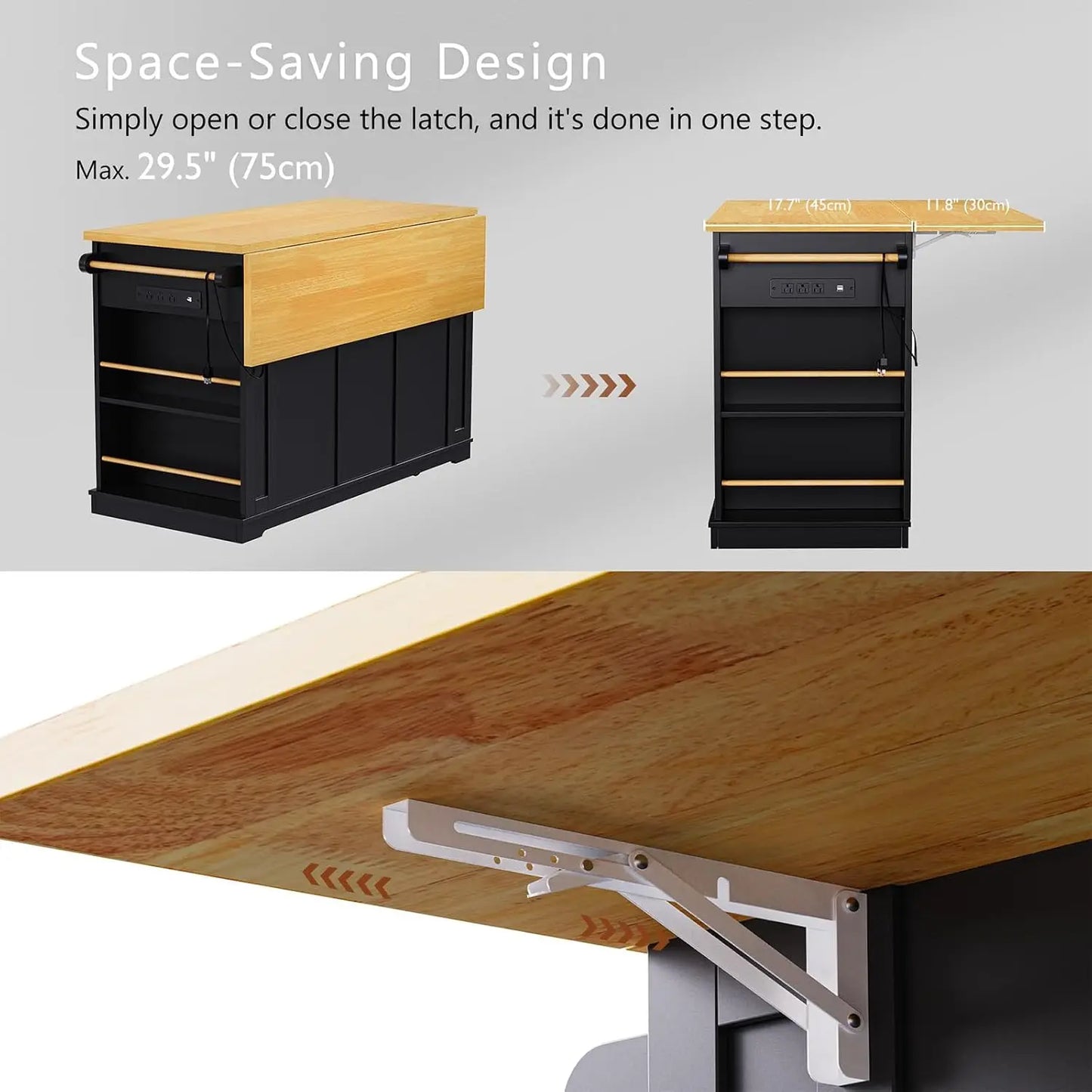 53" Rolling Kitchen Island, Drop Leaf & Power Outlet, 3 Drawers & 2 Cabinets, Mobile Kitchen Cart on 5 Lockable Wheels,, Custom