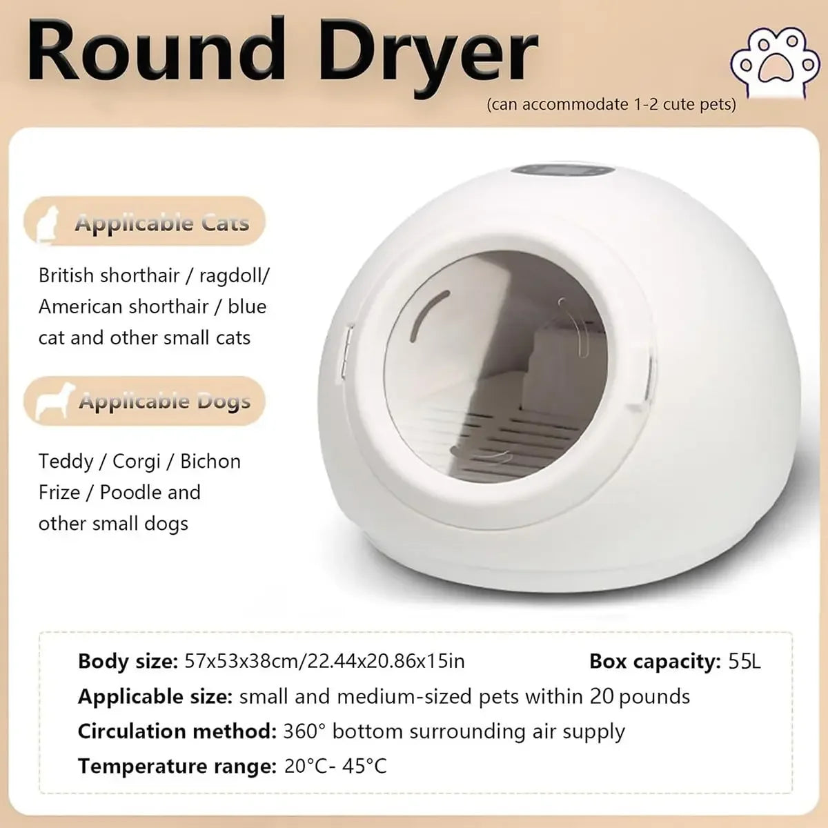 Ultra Quiet Pet Dryer Box, Adjustable Temp & Time for Cat Dog Home Drying Machine, Custom
