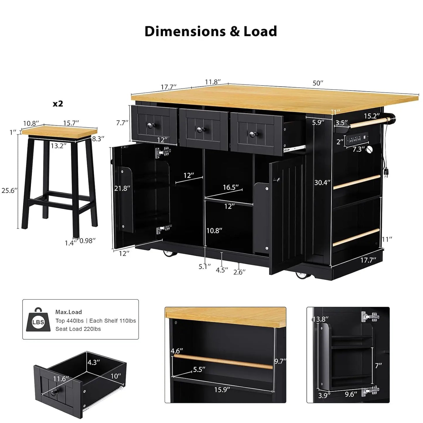 53" Rolling Kitchen Island, Drop Leaf & Power Outlet, 3 Drawers & 2 Cabinets, Mobile Kitchen Cart on 5 Lockable Wheels,, Custom