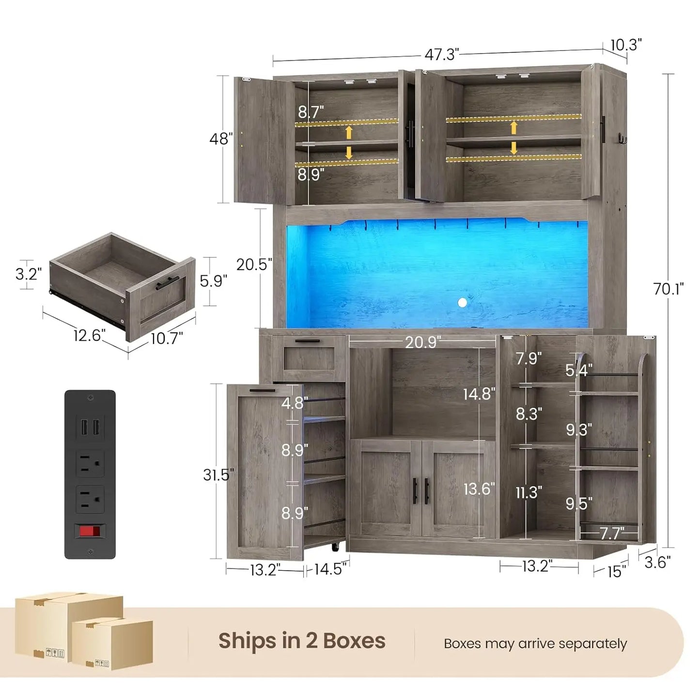 71 Inch Wide Pantry Cabinet with Charging Station And LED Light Kitchen Storage with Microwave Stand Design，Customized