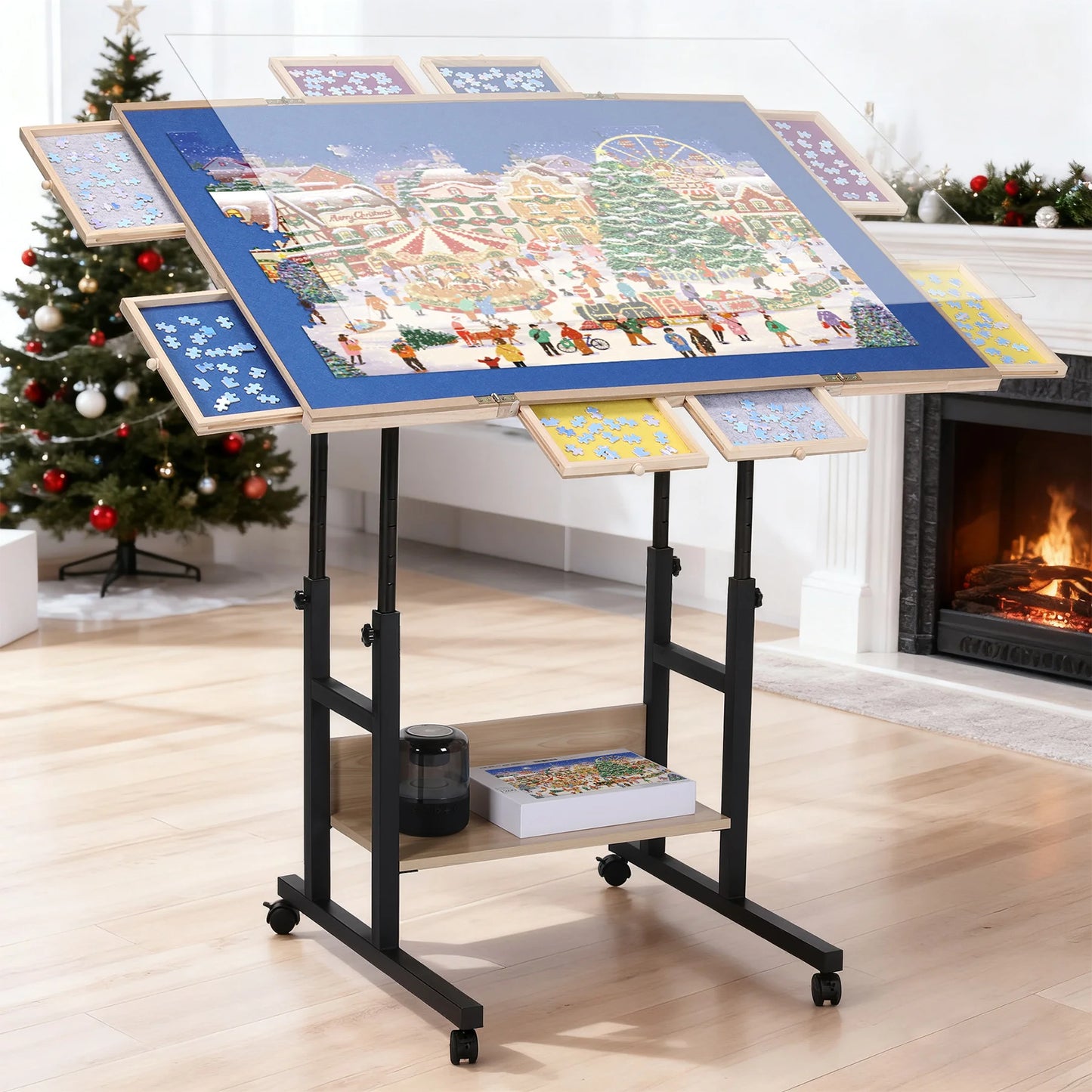 Jigsaw Puzzle Table with Legs Adjustable 5-Tilting-Angle Board with 6 Drawers Cover 35 x 26 Wooden Puzzle Board with 4 Wheels