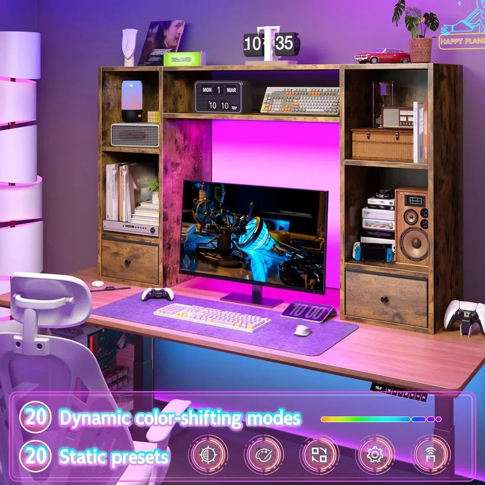 Desktop Bookshelf with LED Lights,47.2" Desktop Organizer with 6 Shelves and 2 Drawers for Top of Desk,Multipurpose, Customized