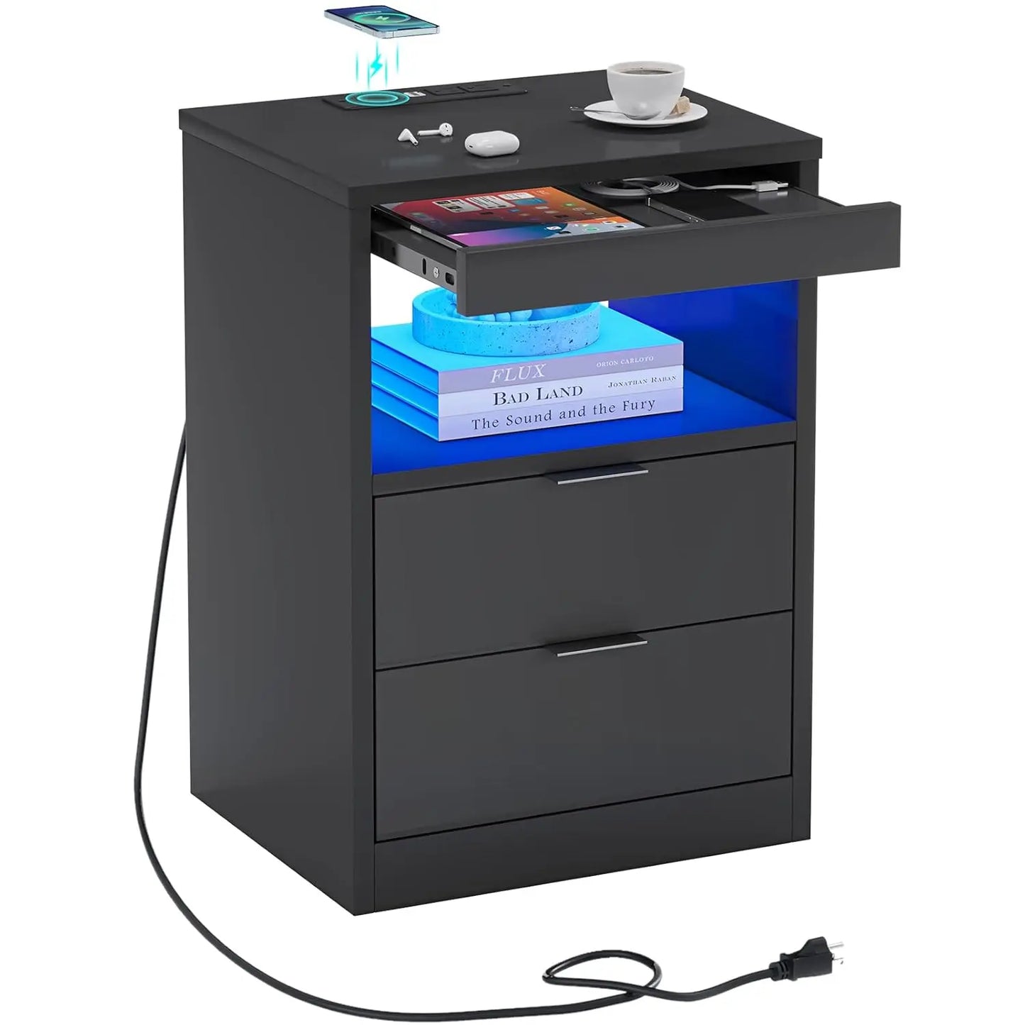 LED Nightstand Black Nightstand with Wireless Charging Station 2 Drawers, Modern Bedroom End Side Table with LED, Customized