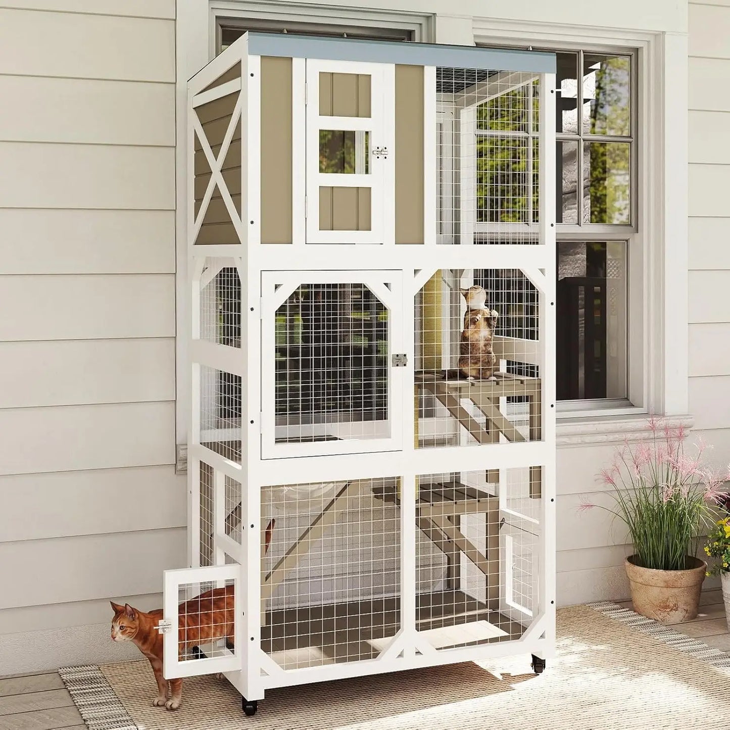 64" Large Wooden Catio Outdoor Cat Enclosure, Window Cat House with Wheels & 3 Platforms, Kitty Cage with, Customized