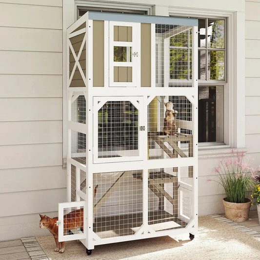 64" Large Wooden Catio Outdoor Cat Enclosure, Window Cat House with Wheels & 3 Platforms, Kitty Cage with, Customized