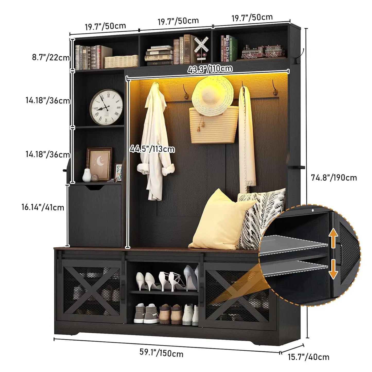 75in Farmhouse Hall Tree Entryway Storage Bench Coat Rack Shoe Cubbies Umbrella Holder Drawer Mudroom Cabinet, Custom