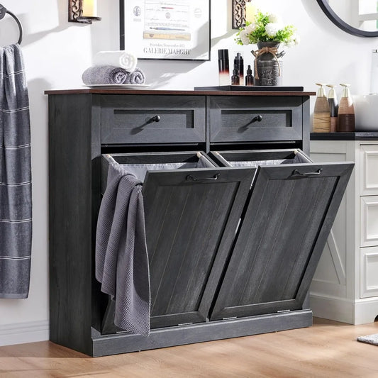Double Tilt Out Laundry Hamper Cabinet, 20 Gallon Farmhouse Trash Can Cabinet with Drawer, Hidden Wood Garbage Can Bin Cabinet w