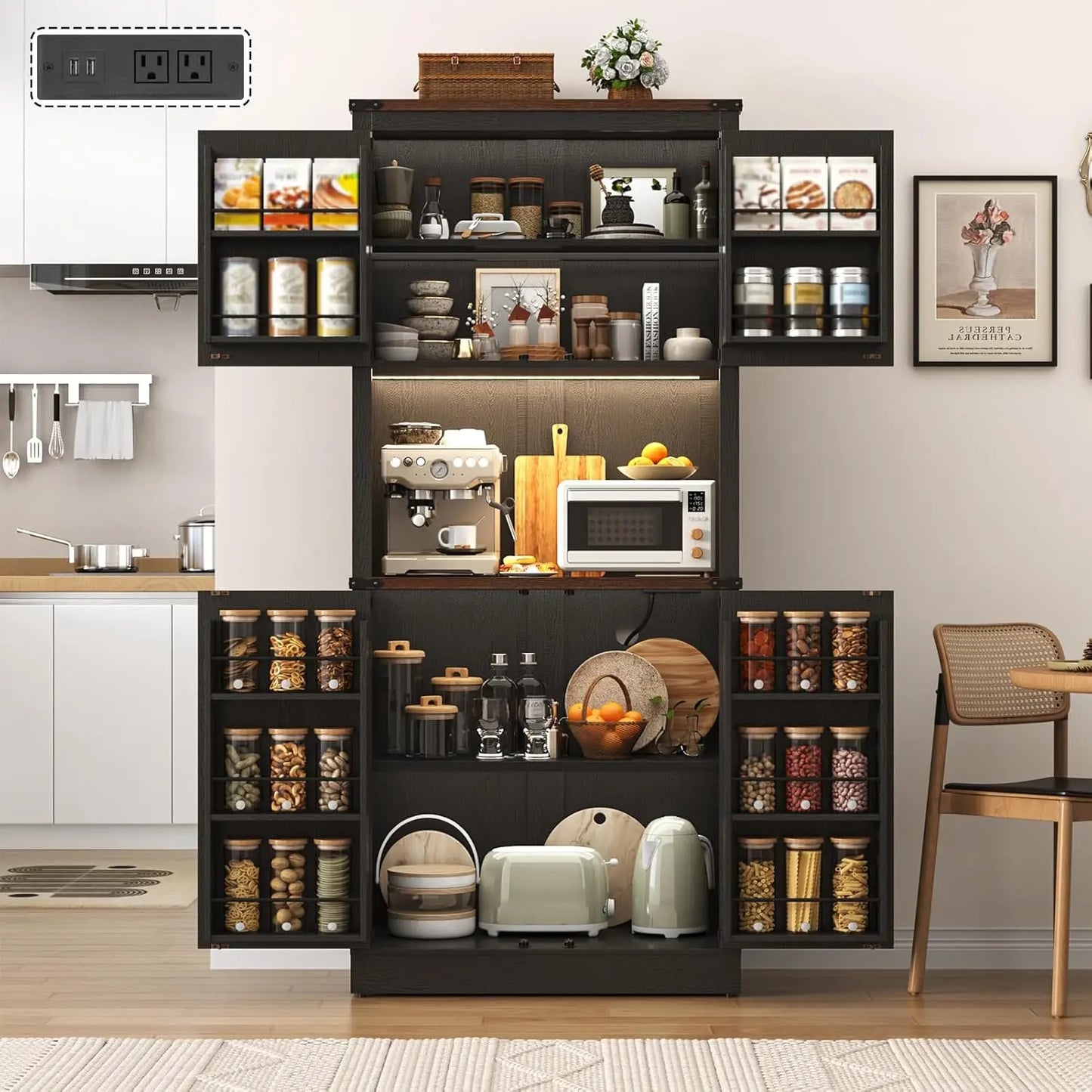 72" Tall Farmhouse Kitchen Pantry Cabinet with LED Light and Power Outlet,Modern Farmhouse Kitchen Storage Cabinet w, Custom