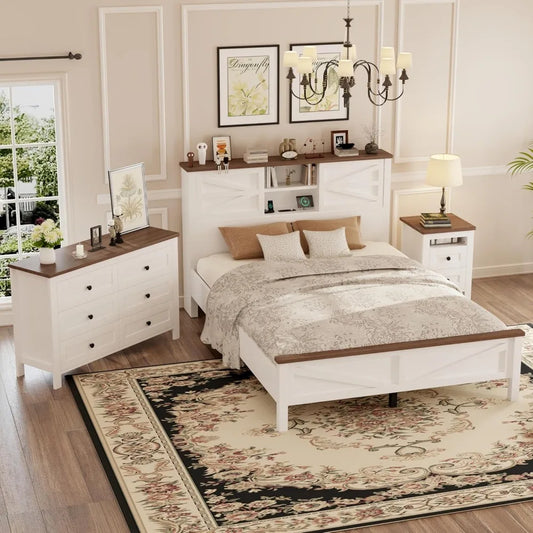 3-Pieces Bedroom Sets Queen Size Farmhouse Platform Bed with Double Sliding Door Storage Headboard, Storage Nightstand and Dress