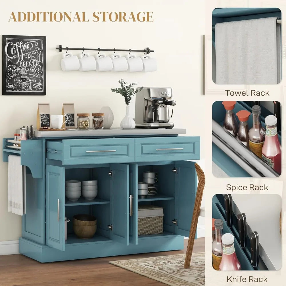 Rolling Kitchen Island Cart with Wheels, Portable Island Table for Kitchen with Stainless Steel Top, Adjustable Shelves